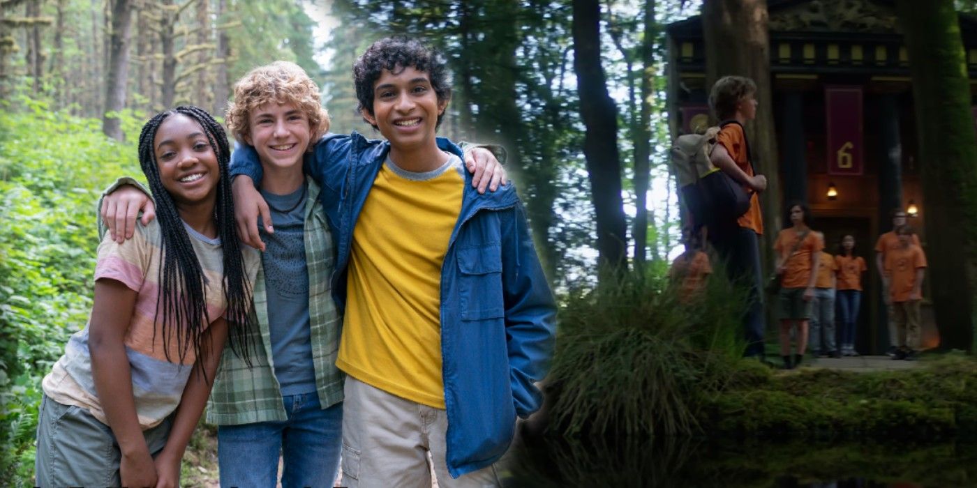 Split image of Annabeth, Percy, and Grover and a clip of Percy walking by the Ares cabin in Percy Jackson and the Olympians
