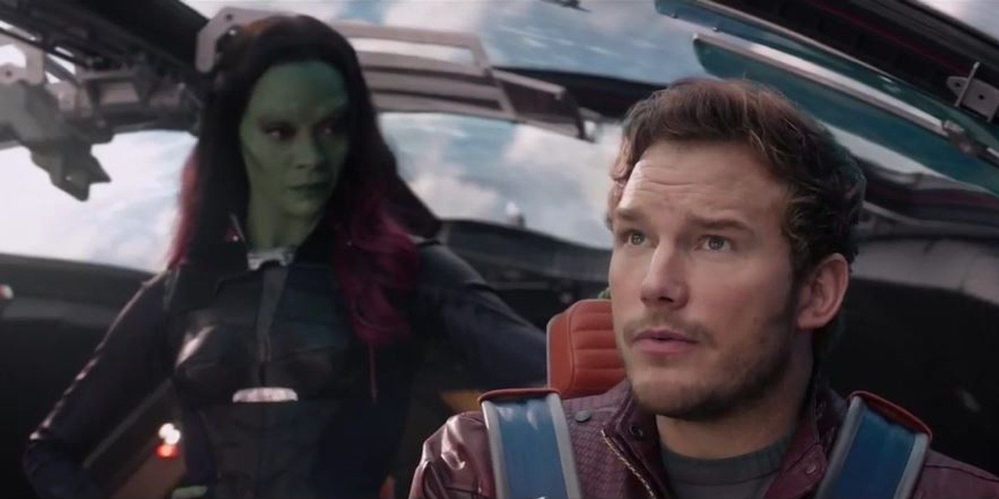 Peter Quill and Gamora on the Milano at the end of Guardians of the Galaxy