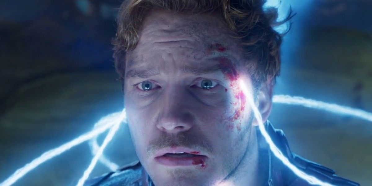 Peter Quill looking worried with blue beams on his head in Guardians of the Galaxy Vol 2