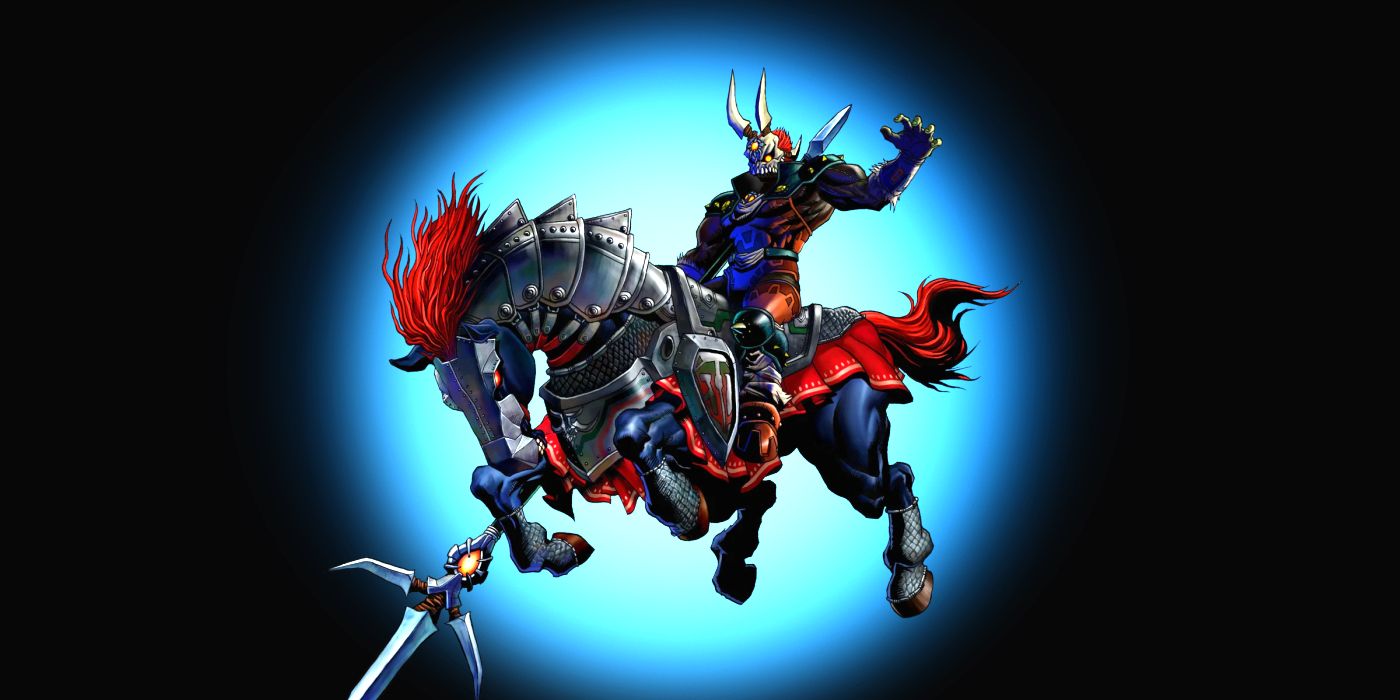 Uma arte de personagem de Phantom Ganon que está montando seu cavalo enquanto segura uma lança em Ocarina of Time.