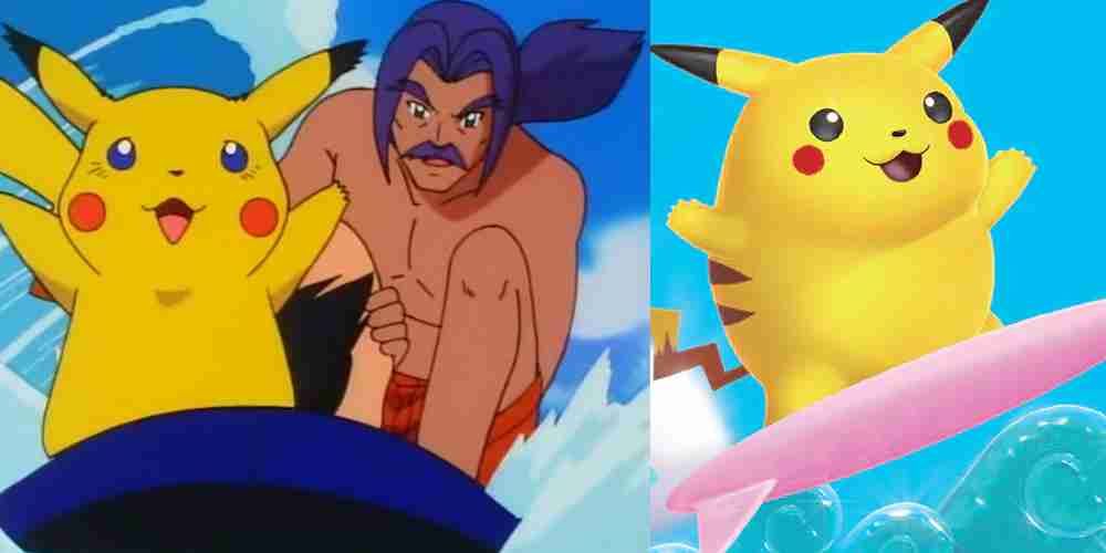 Two different shots of Pikachu on a surfboard.