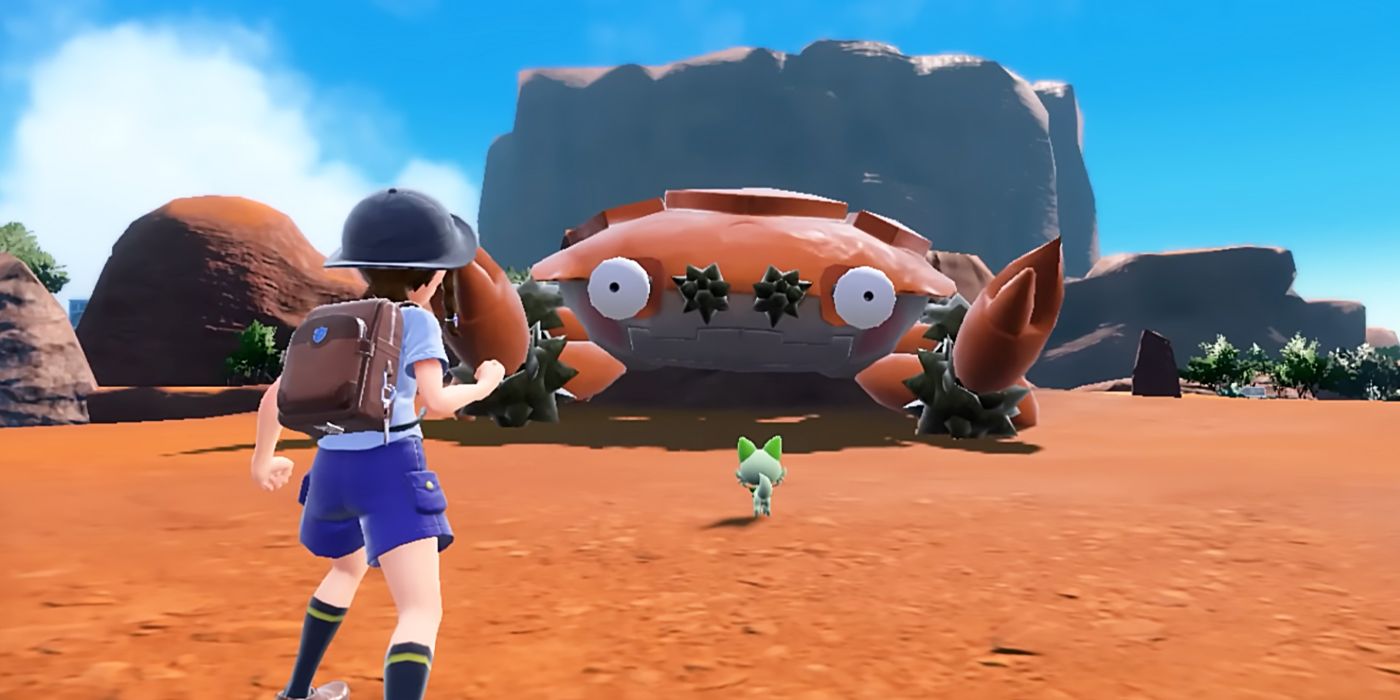 Uma imagem de um treinador lutando contra um Klawf gigante em Pokémon Scarlet And Violet, com seu inicial Sprigatito.