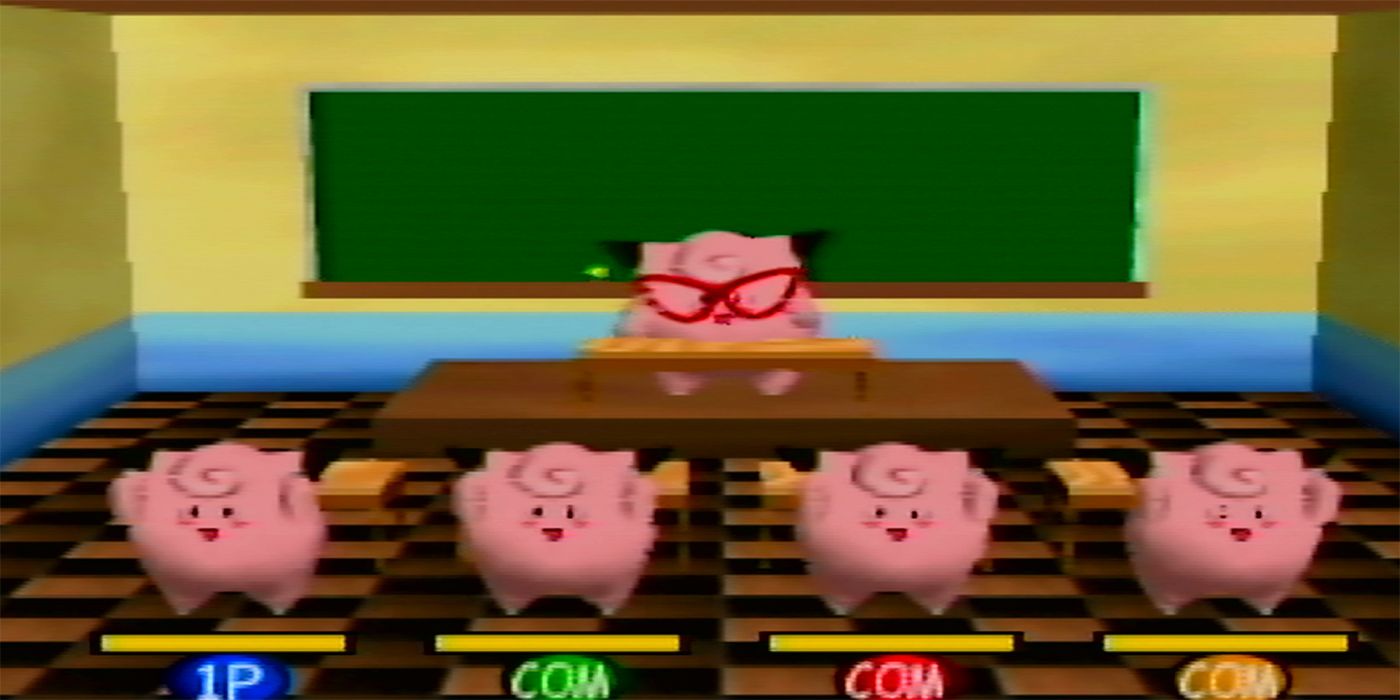 A screenshot of the Clefairy Says mini-game from Pokémon Stadium showing a Clefairy with glasses teaching four other Clefairies.