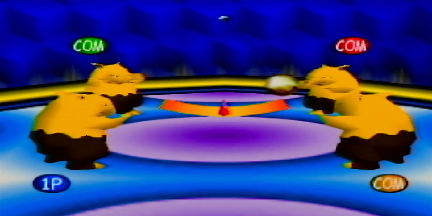 A screenshot of the Snore War mini-game from Pokémon Stadium, showing four Drowzees standing around a pendulum.