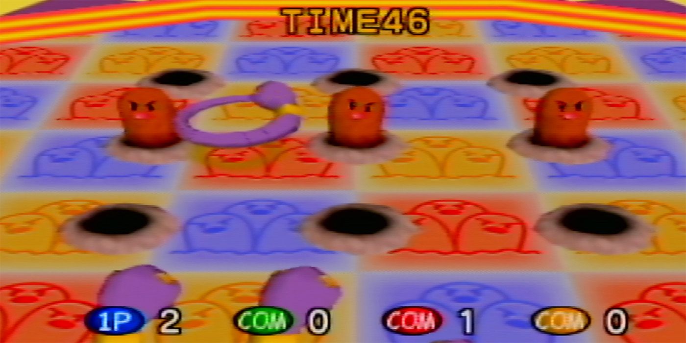 A screenshot of the Ekans Hoop Hurl mini-game from Pokémon Stadium showing an Ekan being tossed at several Digletts.