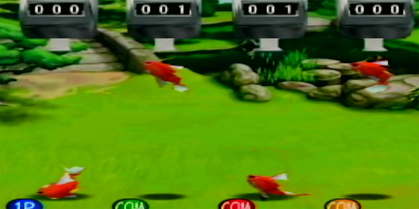 A screenshot of the Magikarp's Splash mini-game from Pokémon Stadium showing four Magikarp flopping up and down.