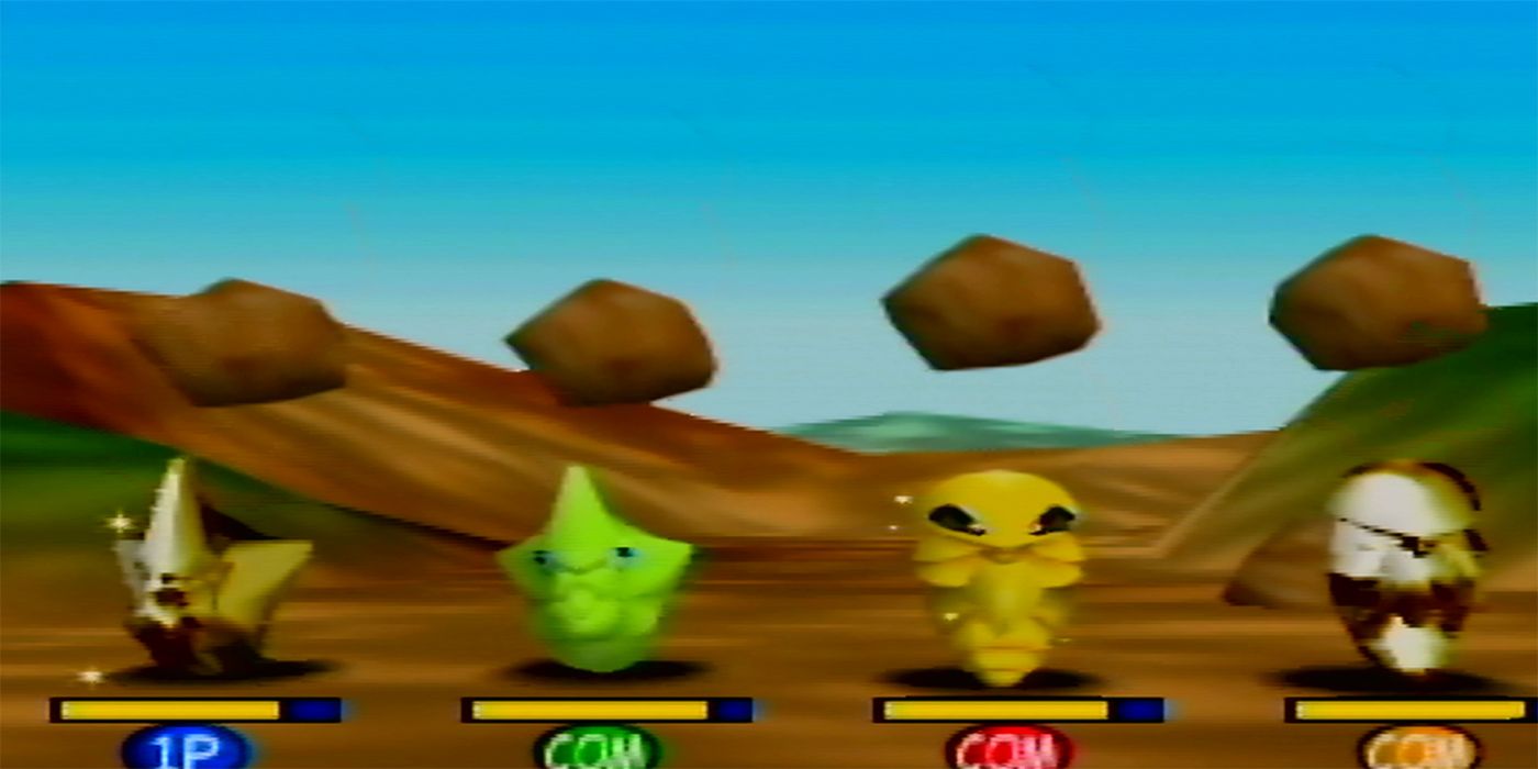 A screenshot of the Rock Harden mini-game from Pokémon Stadium, with Metapods and Kakuunas underneath falling rocks.