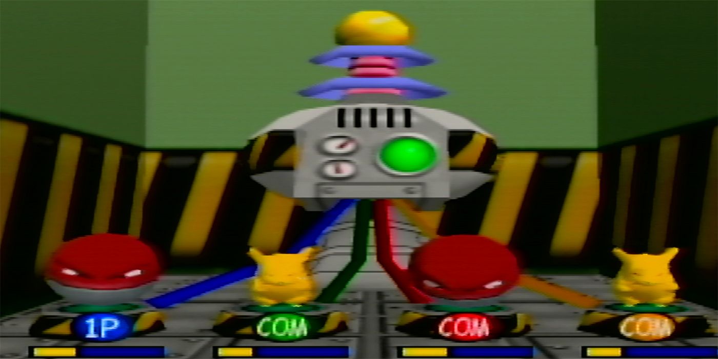 A screenshot of the Thundering Dynamo mini-game from Pokémon Stadium showing two Pikachus and two Voltorbs in front of a machine.