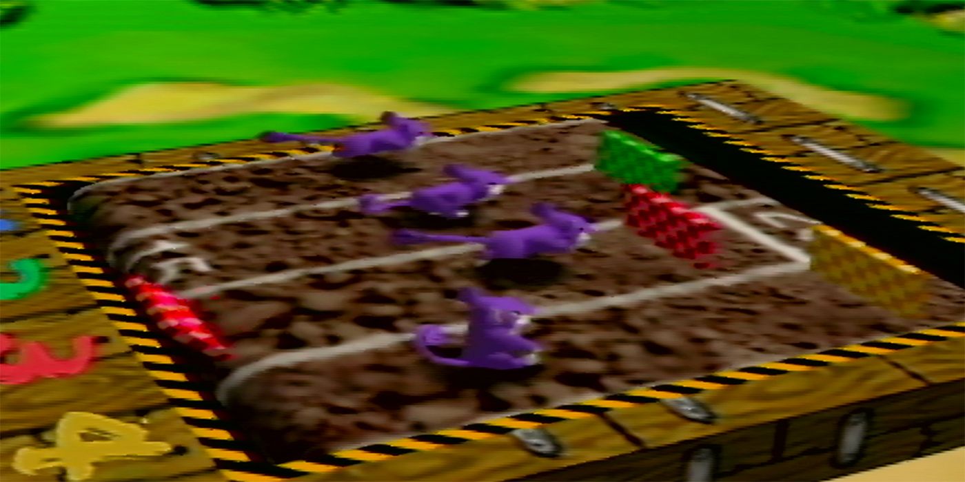 A screenshot of the Run, Rattata, Run mini-game from Pokémon Stadium, showing four Rattatas racing on a treadmill surface.
