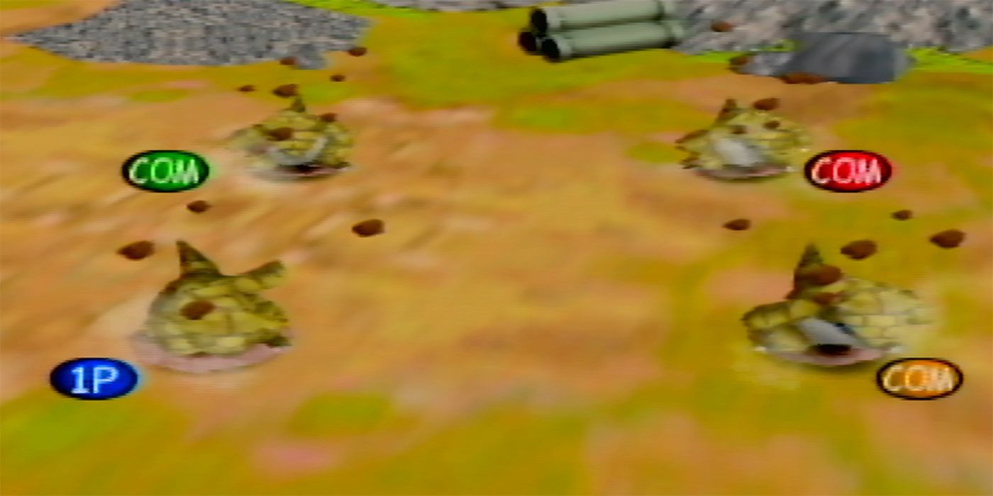 A screenshot of the Dig! Dig! Dig! mini-game from Pokémon Stadium showing four Sandshrews digging into the earth.