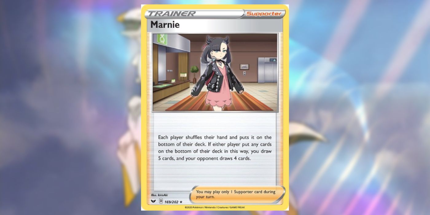 Tarjeta Marnie de Pokemon TCG contra un fondo morado