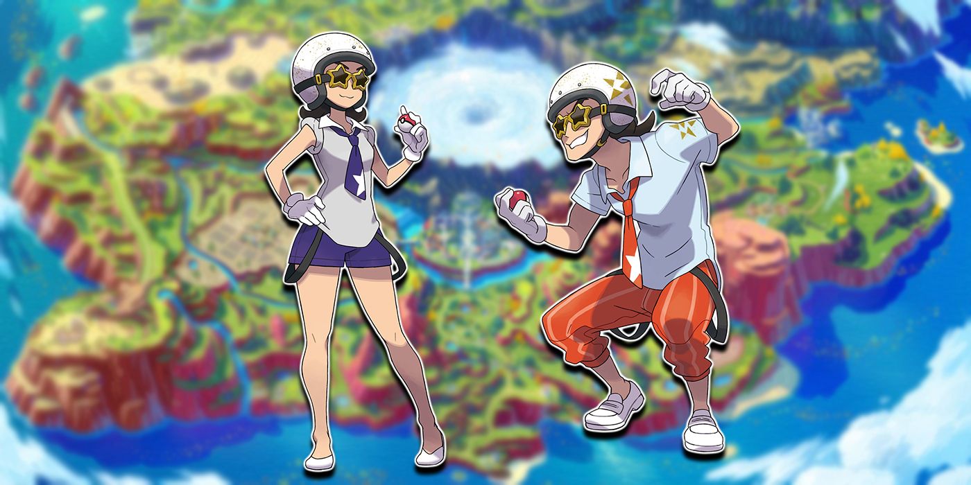 Dois membros do Pokémon Scarlet e do Team Star de Violet em frente a um mapa da região de Paldea.