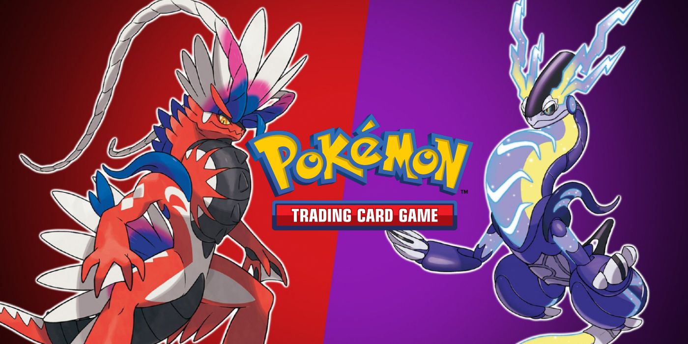 Pokémon Scarlet & Violet Miriadon and Koraidon on their respective backgrounds