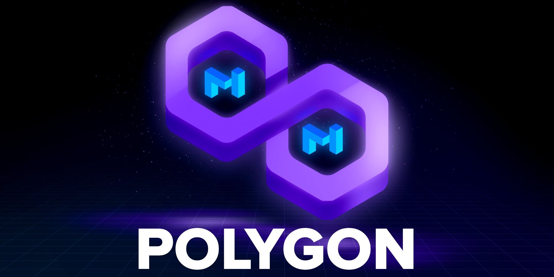 Polygon logo with MATIC logos on digital space background, 