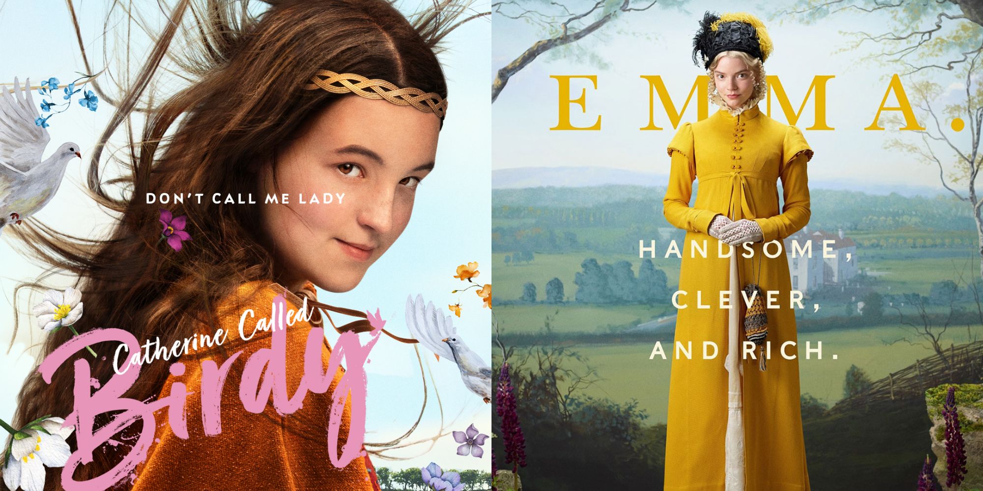 Split image showing posters for Catherine Called Birdy and Emma.