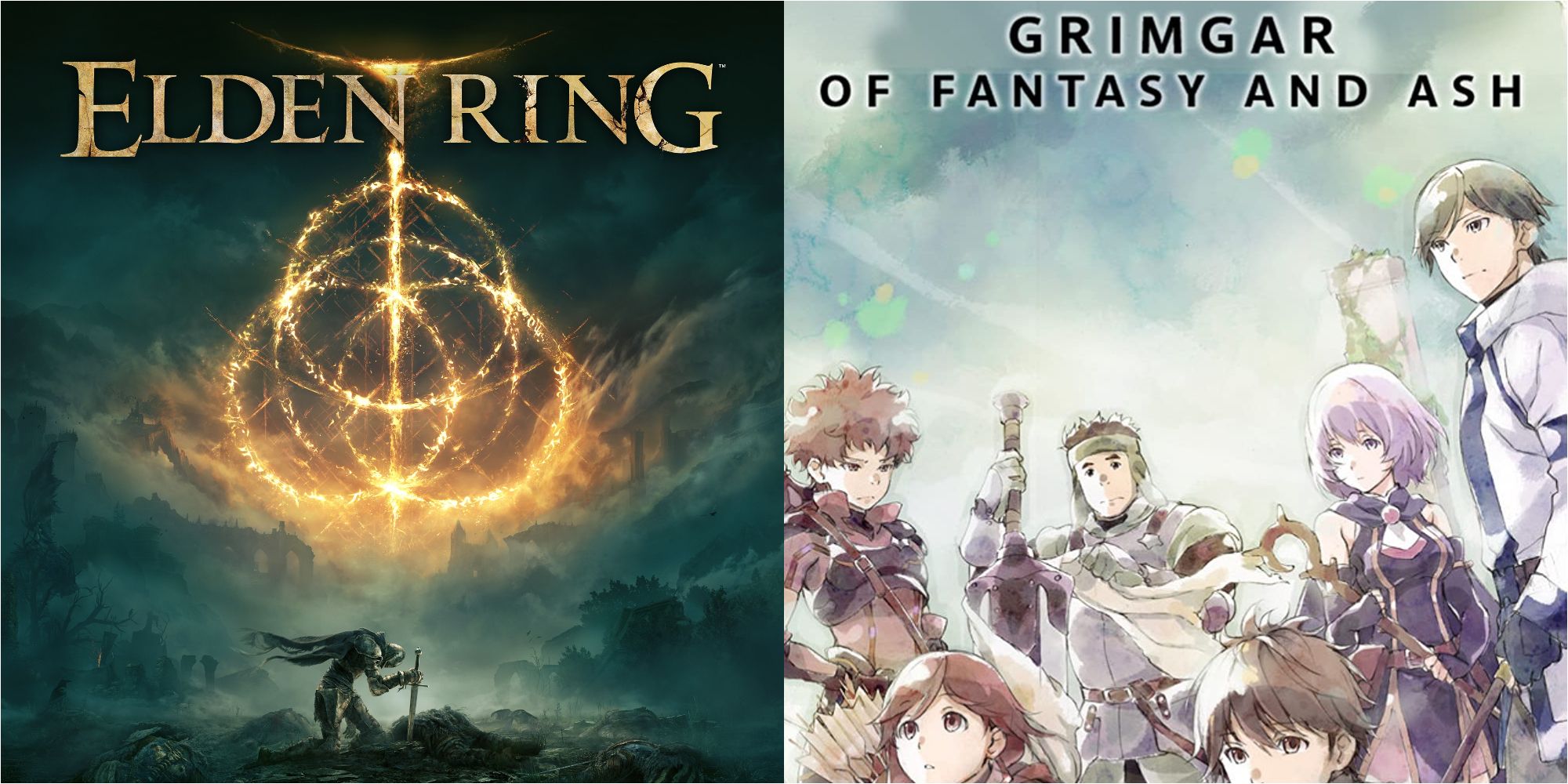 Split image showing posters for Elden Ring and Grimgar of Fantasy and Ash.