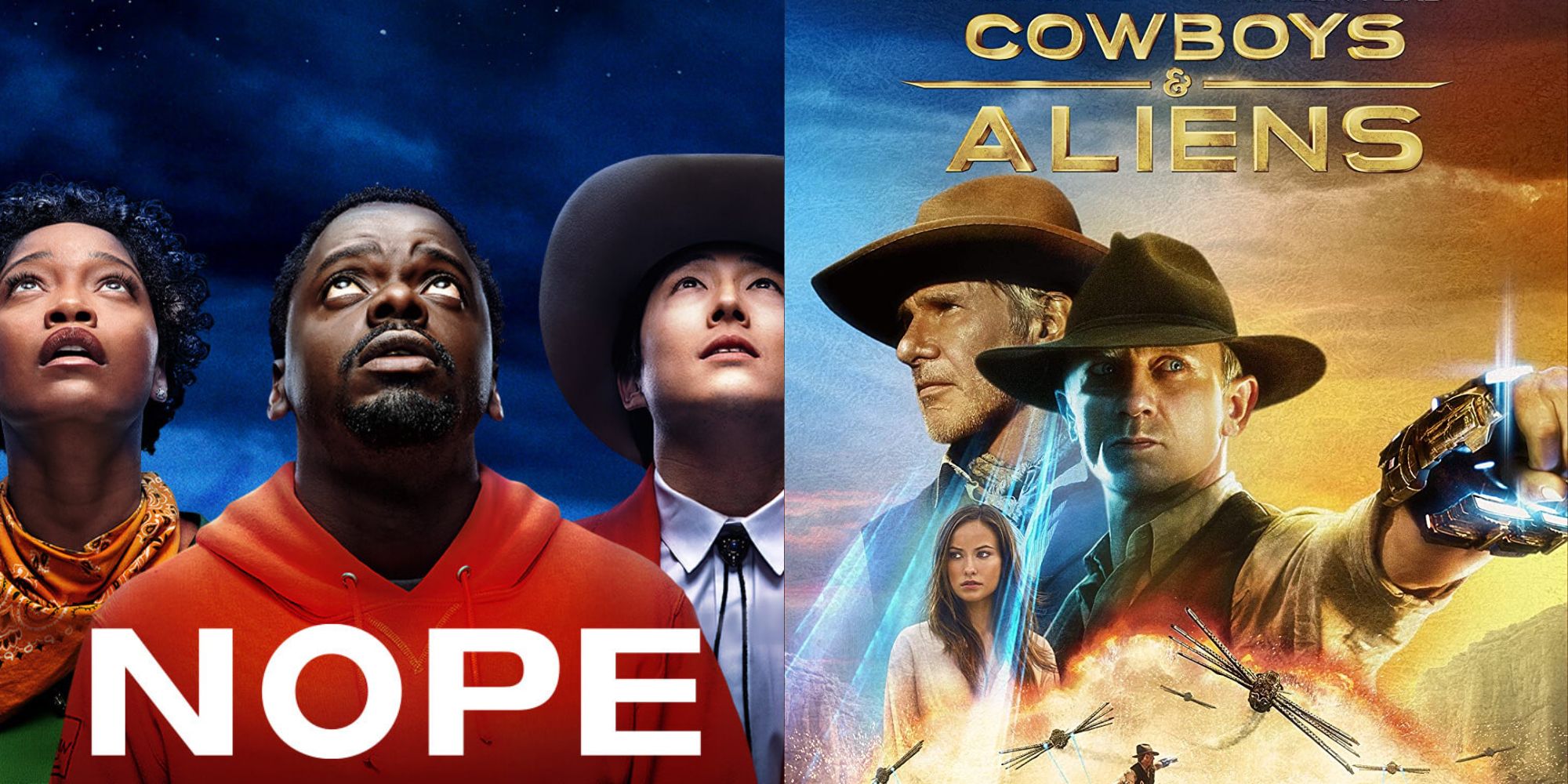 Split image showing posters for Nope and Cowboys and Aliens.