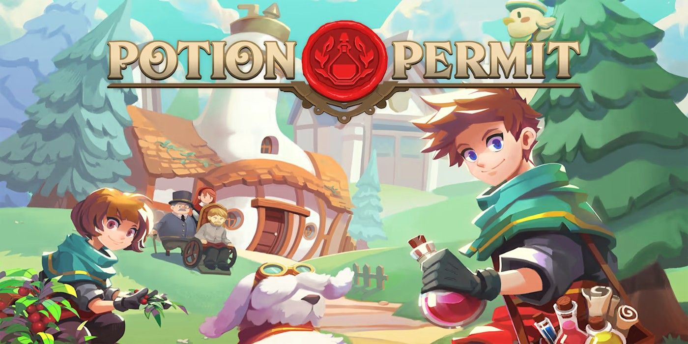 The heroes of Potion Permit look on in front of a village from a promotional image for the game