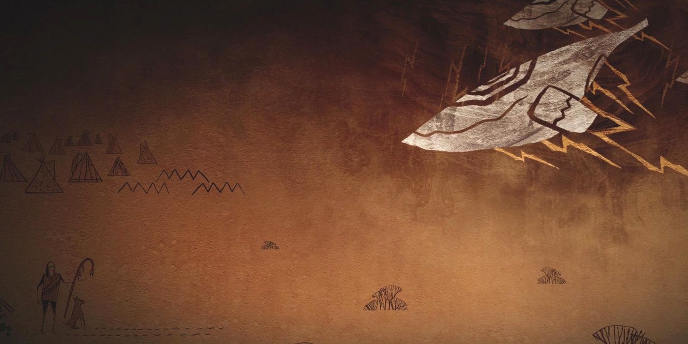 An Indigenous-style pictograph depicting alien spacecraft arriving on Earth.