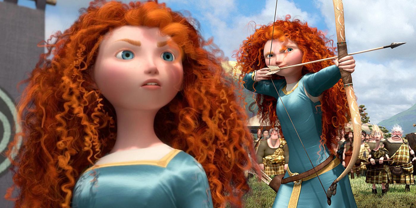 Princess Merida in Brave looking with conviction and firing an arrow