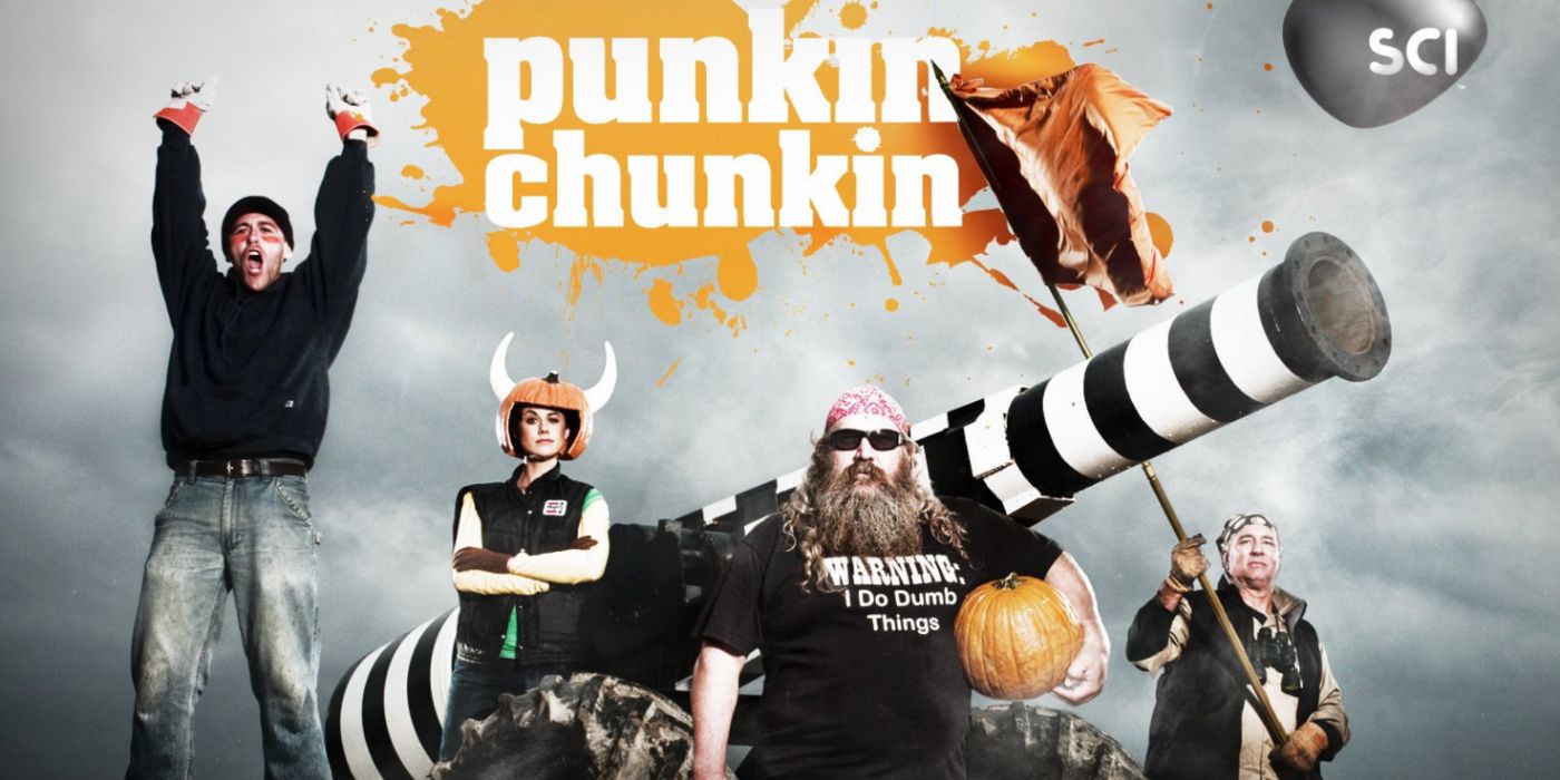 Punkin Chunkin hosts in front of a cannon