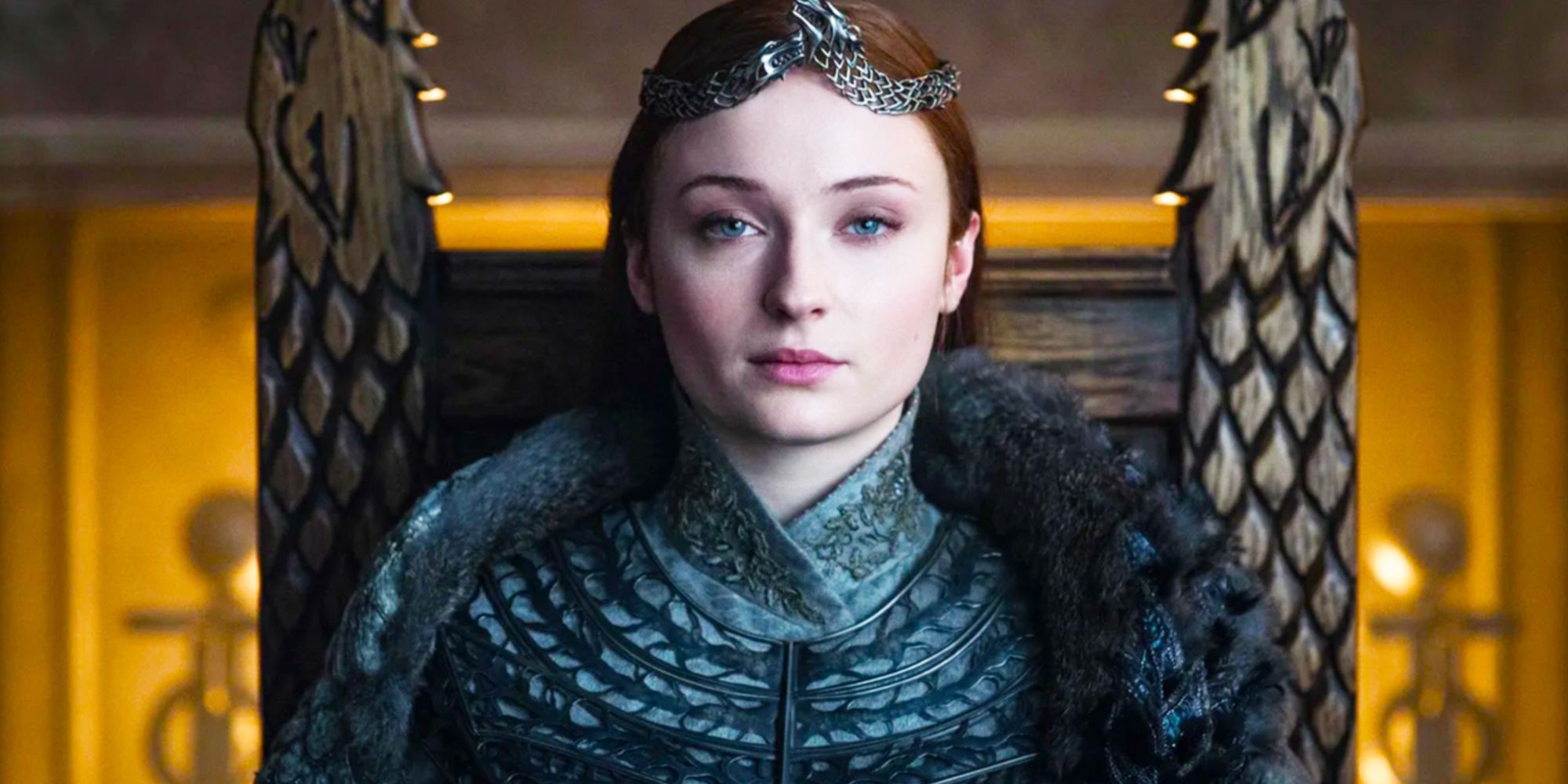 Sansa Stark sitting on her Winterfell throne with a crown on her head in Game Of Thrones