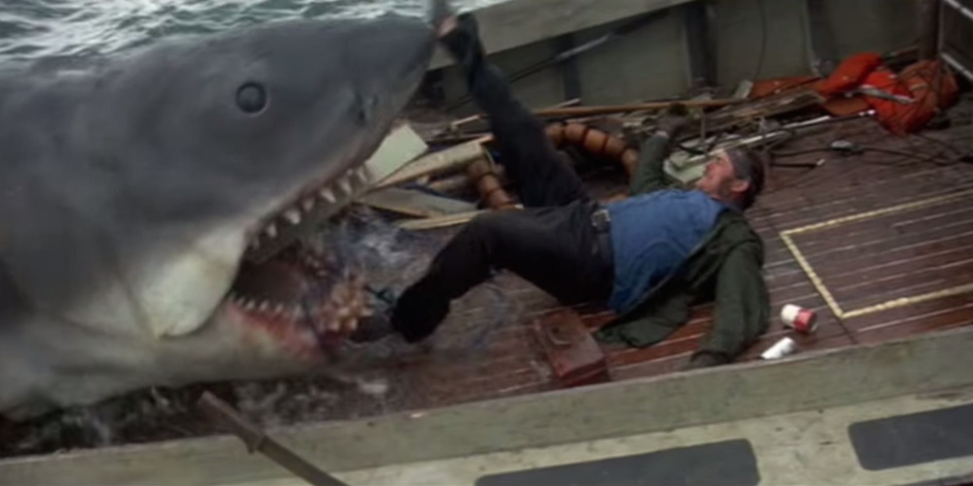 Quint about to be eaten by the shark in Jaws (1975)