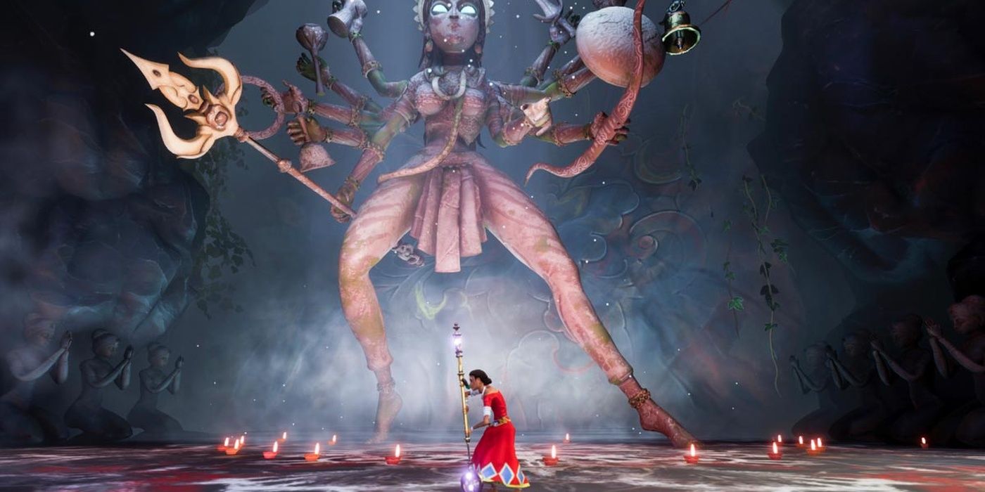 Raji gameplay featuring a giant statue in the background.