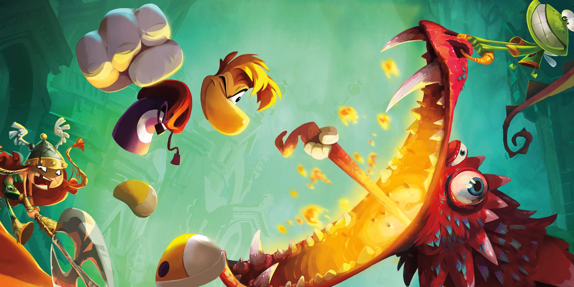 Rayman fighting a dragon in key artwork for Raymen Legends (2013)