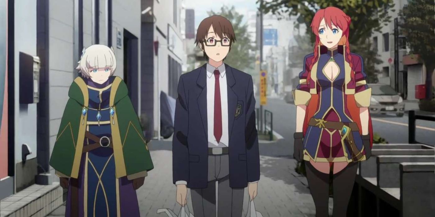 Três personagens do anime Re: Creators andando na rua.
