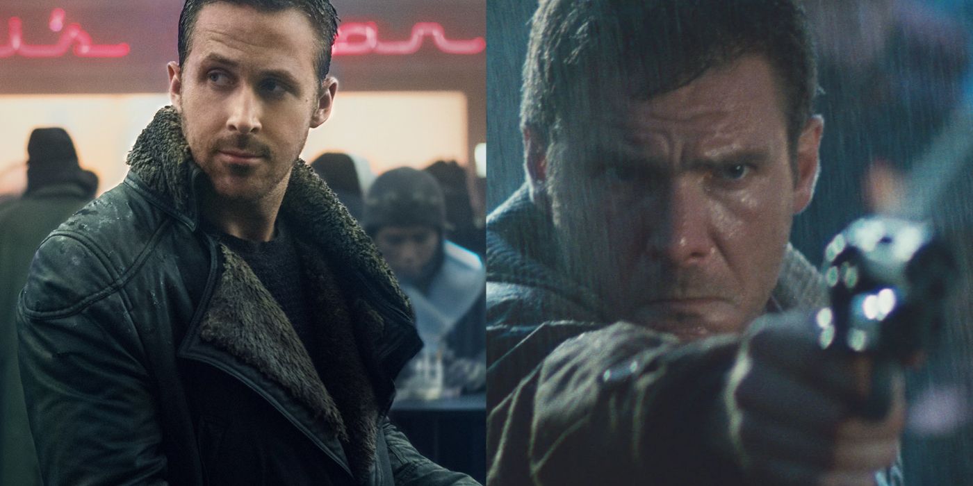 Split image of Ryan Gosling in Blade Runner 2049 and Harrison Ford in Blade Runner