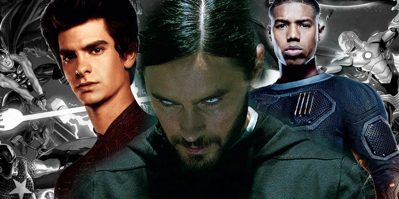 Andrew Garfield as Spider-Man, Jared Leto as Morbius, Michael B Jordan as Human Torch, background: Secret Wars