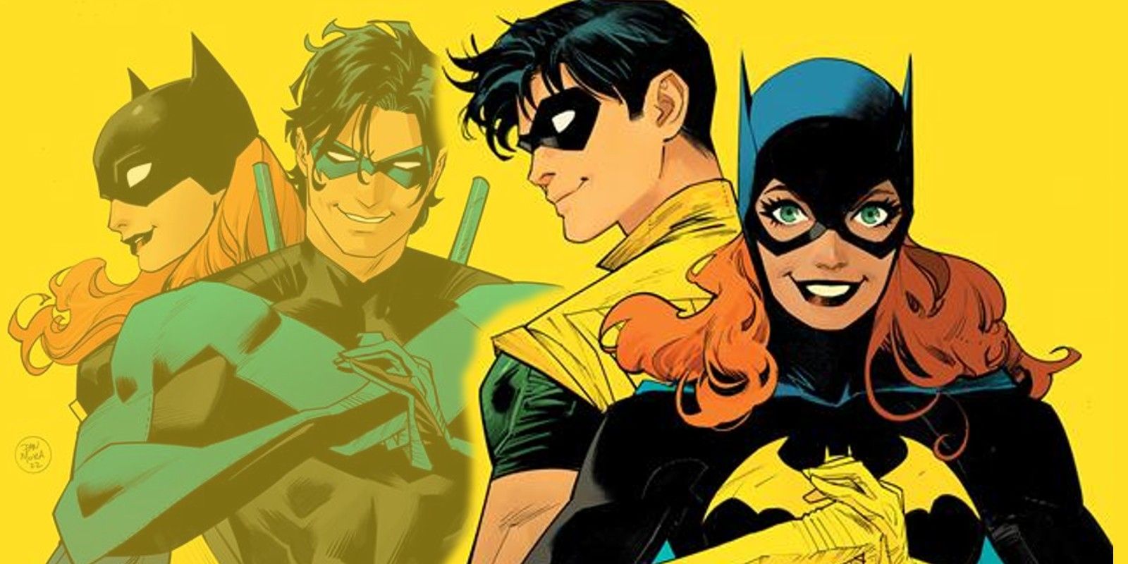 Retro Batgirl and Robin Standing Before Faded Contemporary Nightwing and Batgirl