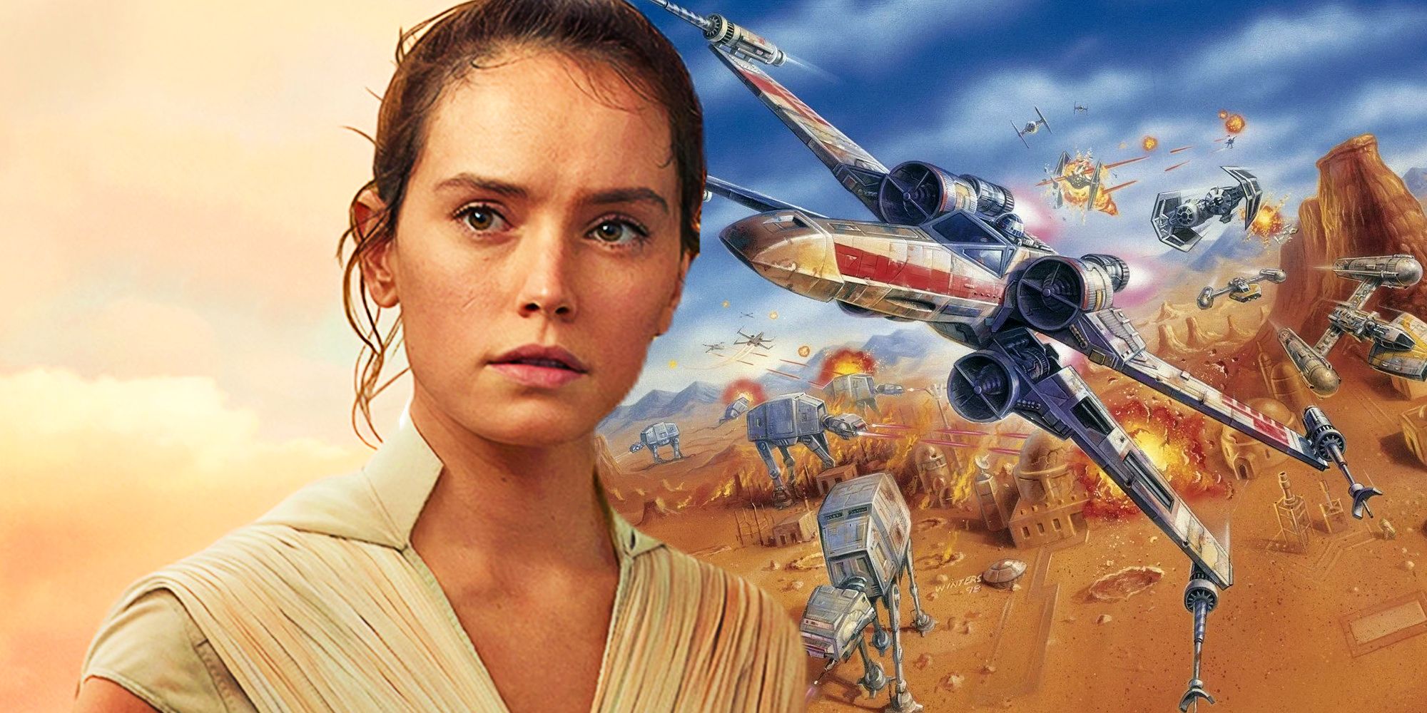 Rey in The Rise of Skywalker and an X-Wing