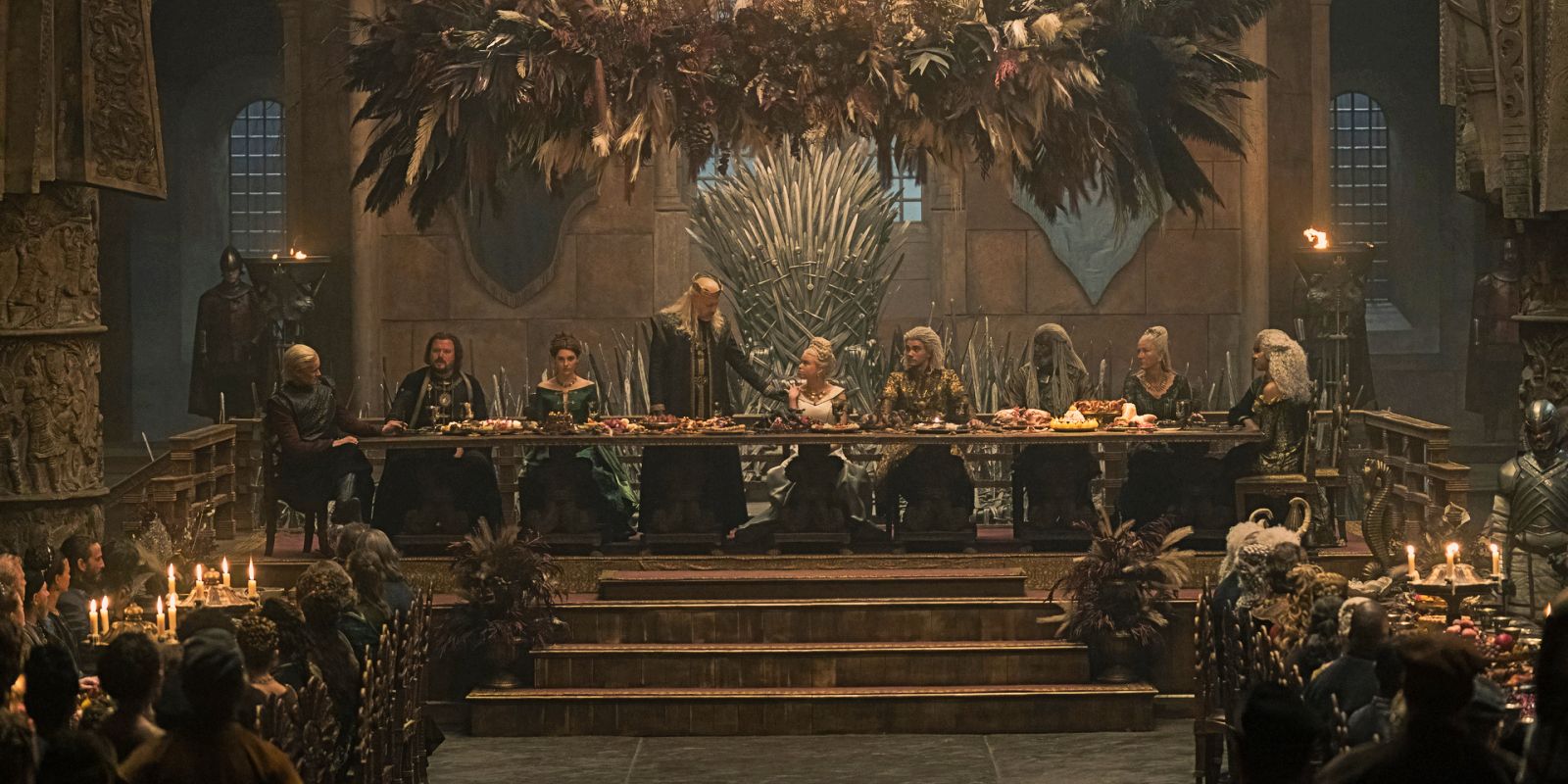 Rhaenyra and Laenor's wedding in House of the Dragon, featuring Daemon, Lyionel, Alicent, Corlys, Rhaenys, and Laena