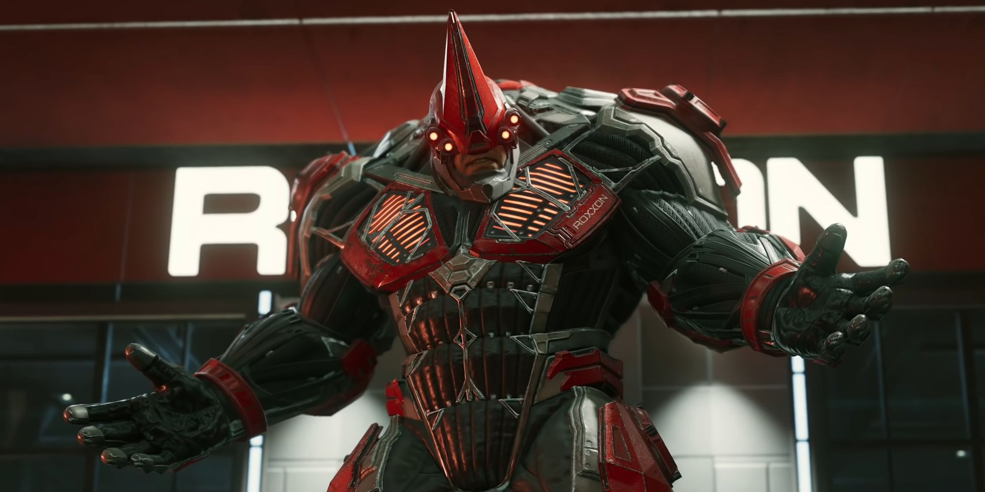 Rinoceronte em sua armadura vermelha Roxxon em Marvel's Spider-Man Miles Morales