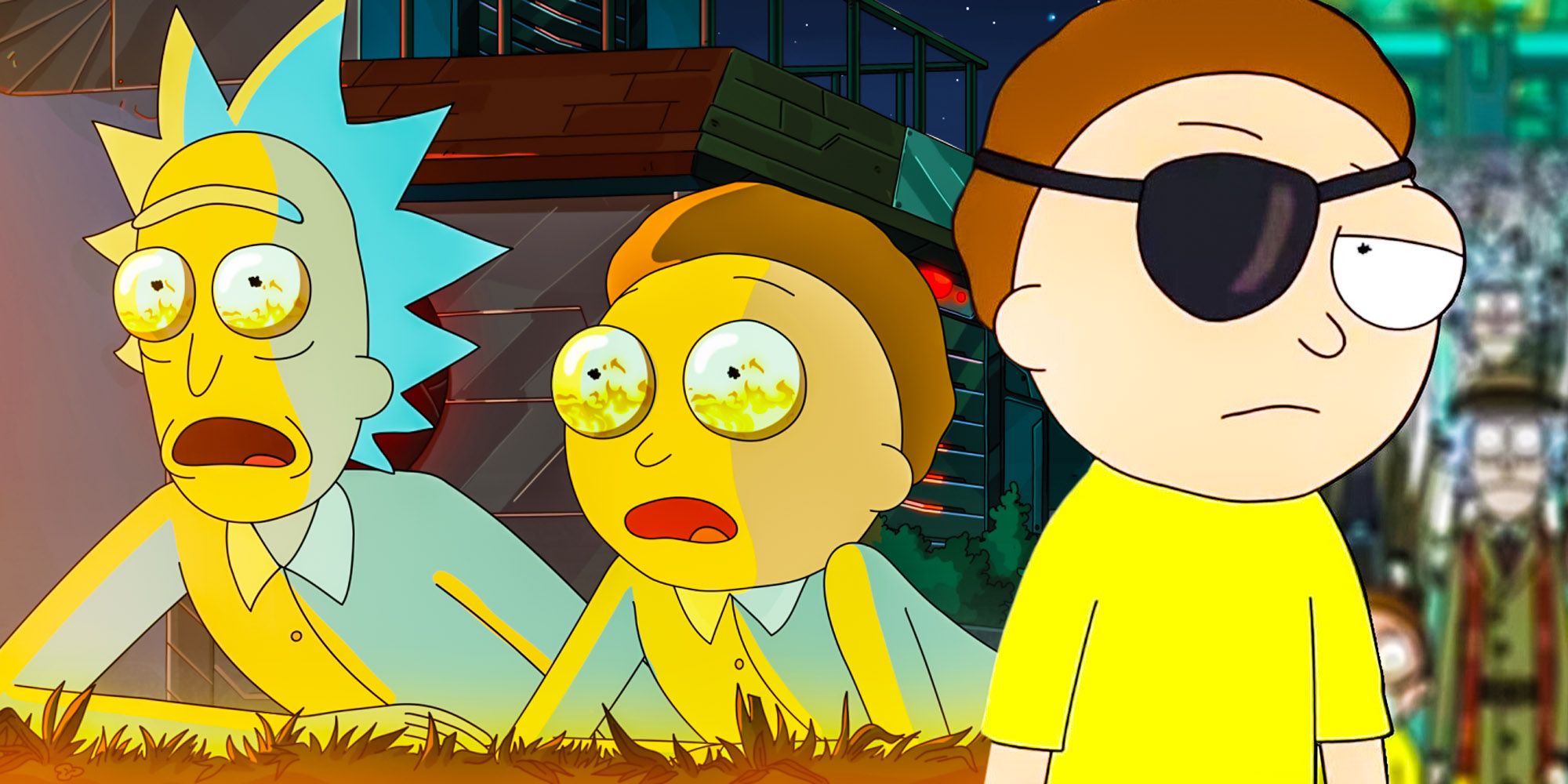 Rick and Morty looking shocked at something on fire while Evil Morty looks unbothered in Rick and Morty