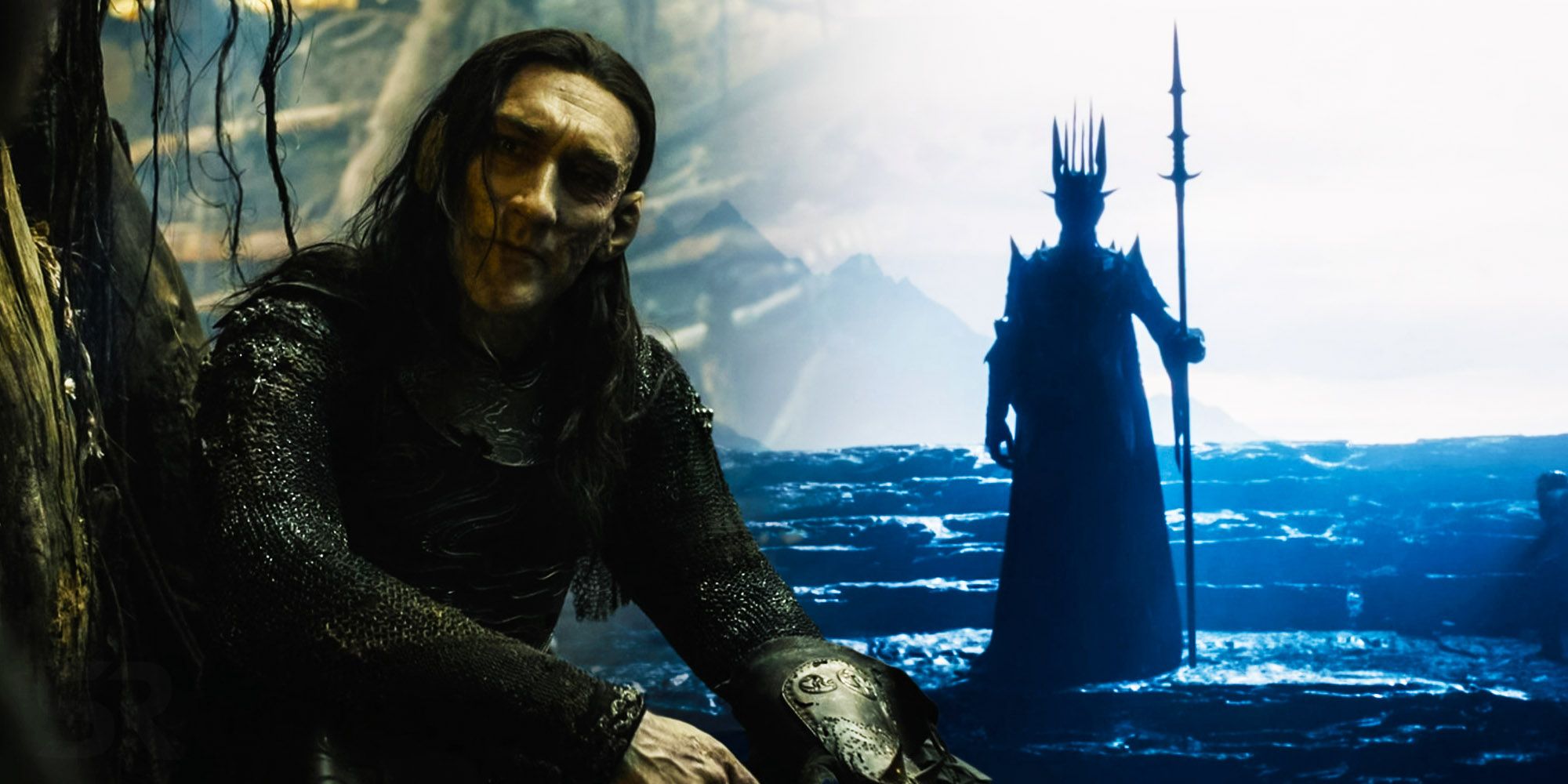 Joseph Mawle as Adar sitting down on the left and Sauron on the right in The Lord of the Rings: The Rings of Power.