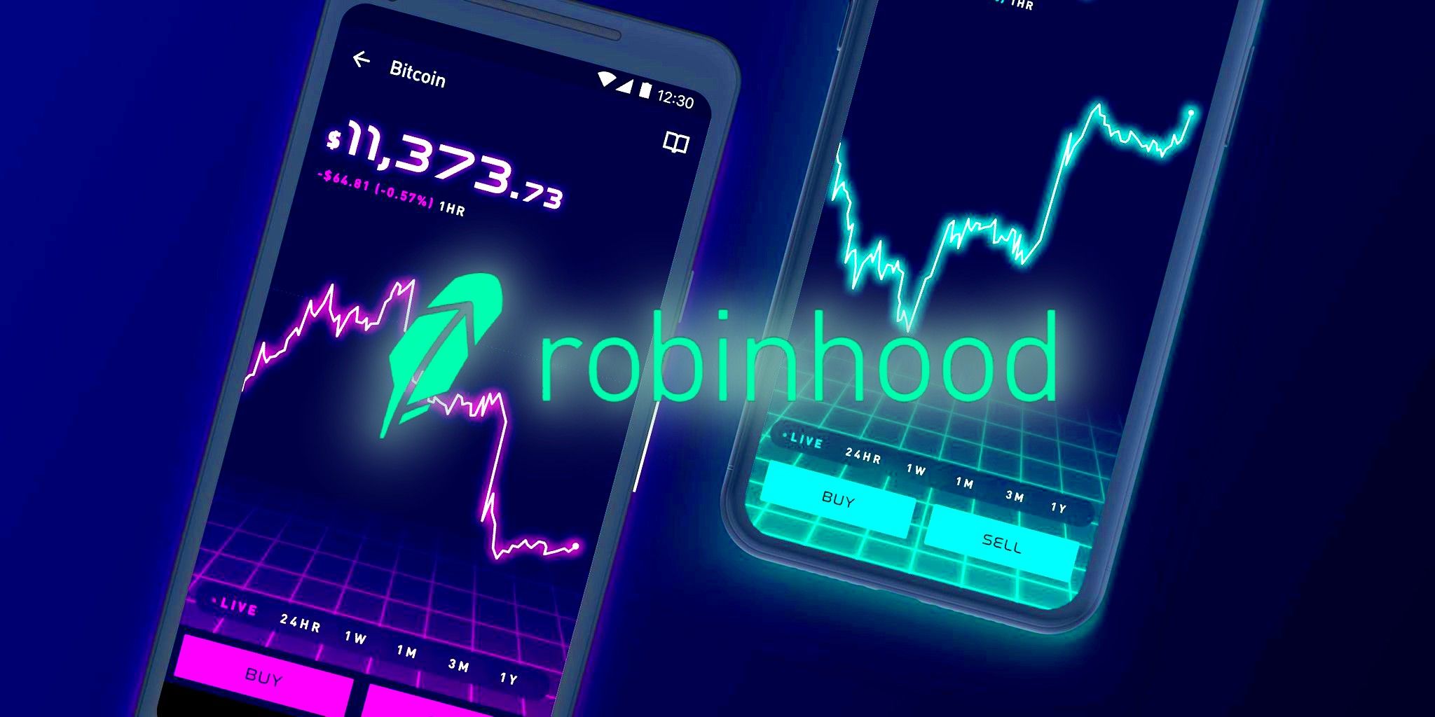 Robinhood logo over two smartphones with trading charts