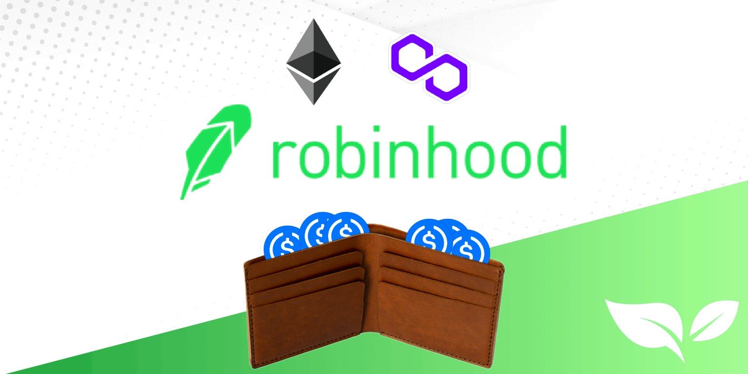 Robinhood logo with Ethereum and Polygon logos above it, and an open wallet with USDC logos inside