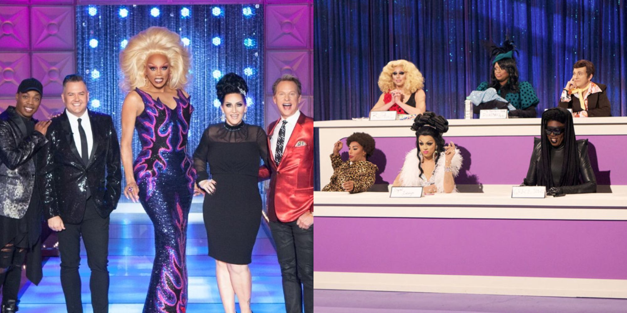 Split image showing the RuPaul's Drag Race's judges and an edition of Snatch Game