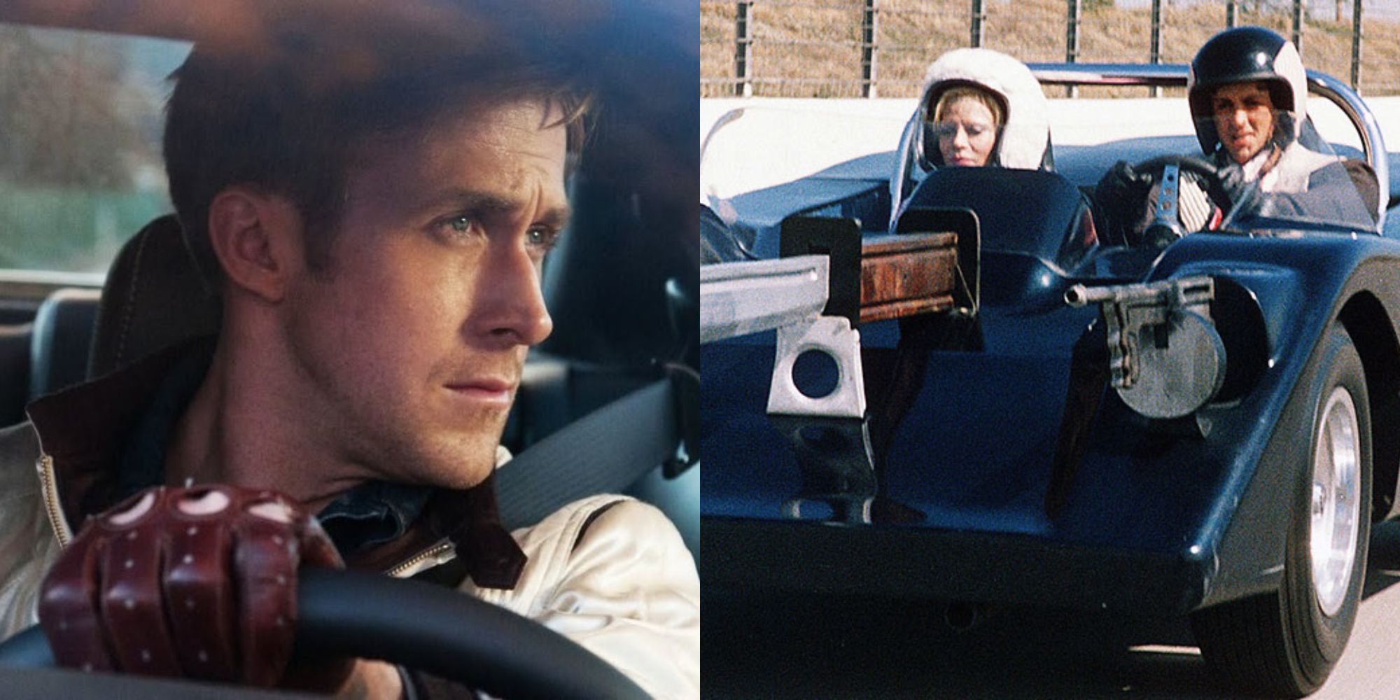 Split image showing Ryan Gosling in Drive and Sylvester Stallone in Death Race 2000.