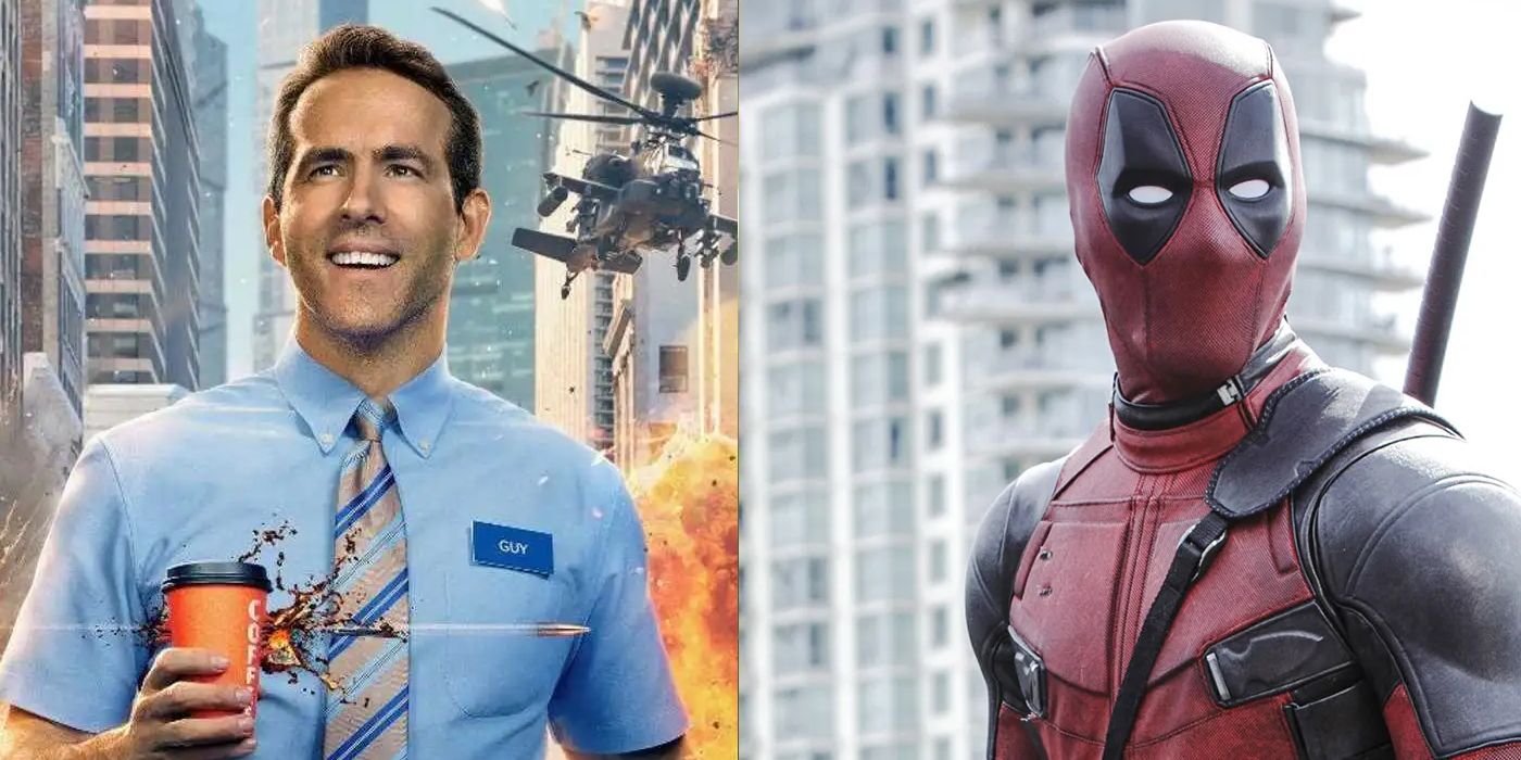 Ryan Reynolds as Guy in Free Guy; Deadpool looking into the distance