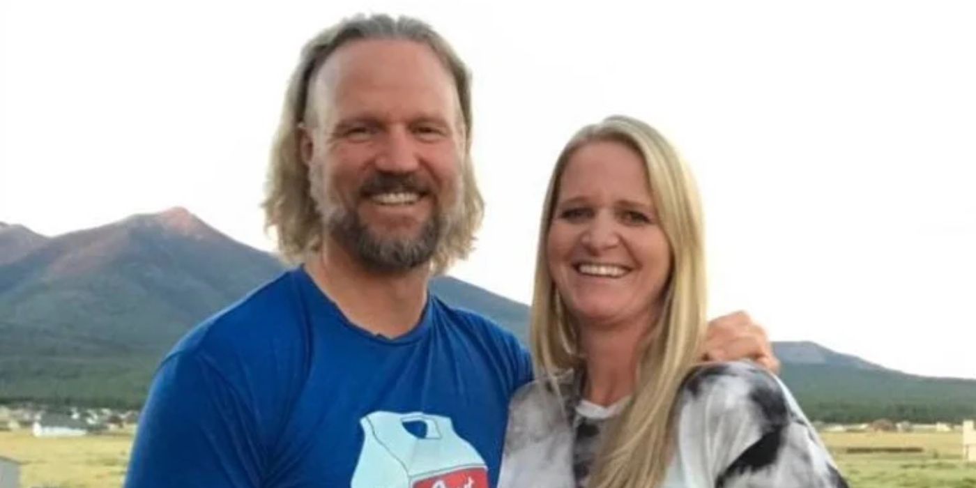 Kody Brown with Christine Brown in Sister Wives posing outside with the mountain in the background