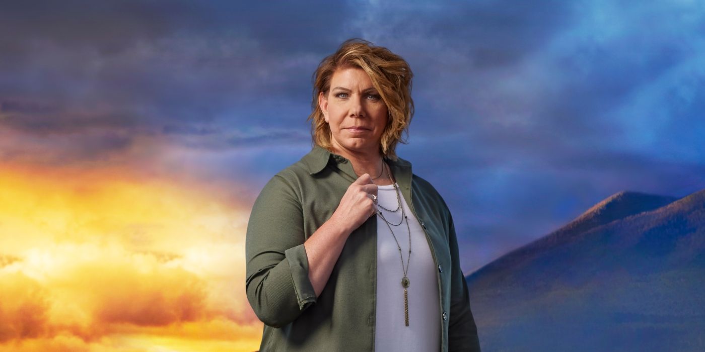 Meri Brown from Sister Wives posing for camera wearing green shirt CGI background