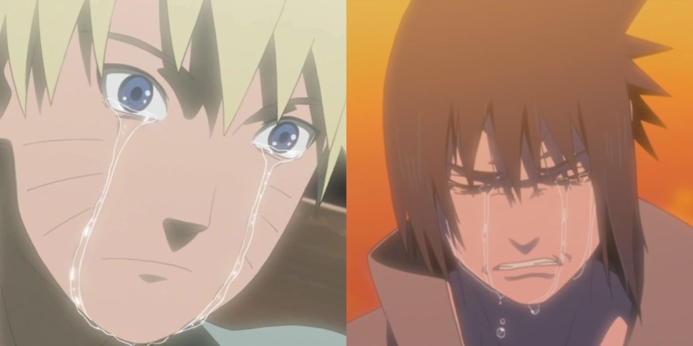 Uma colagem de duas imagens de Naruto.  À esquerda, Naruto Uzumaki está olhando para o chão chorando.  À direita, Sasuke Uchiha está chorando contra o pôr do sol.