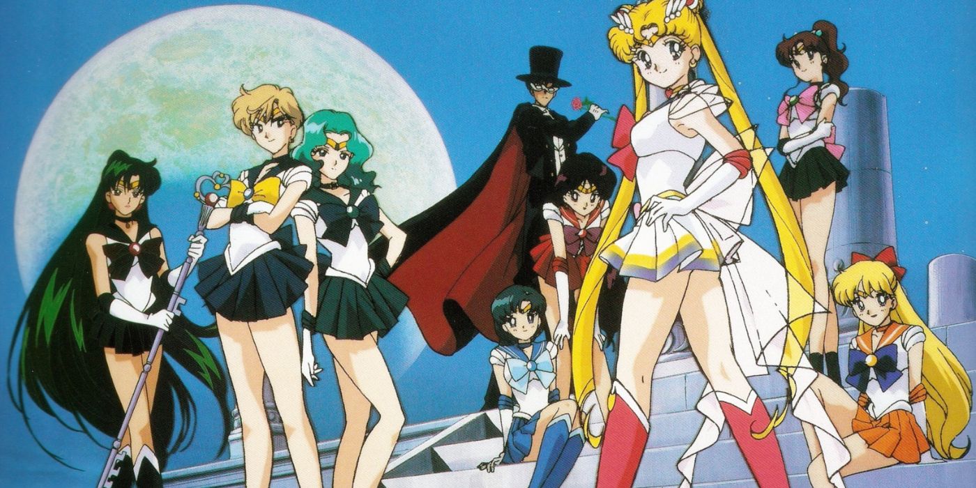 Arte chave do anime Sailor Moon com a heroína titular e seu elenco de apoio.