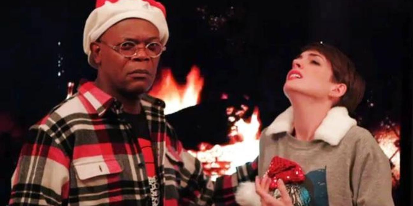 Samuel L. Jackson and Anne Hathaway in a Christmas-themed Funny or Die sketch.