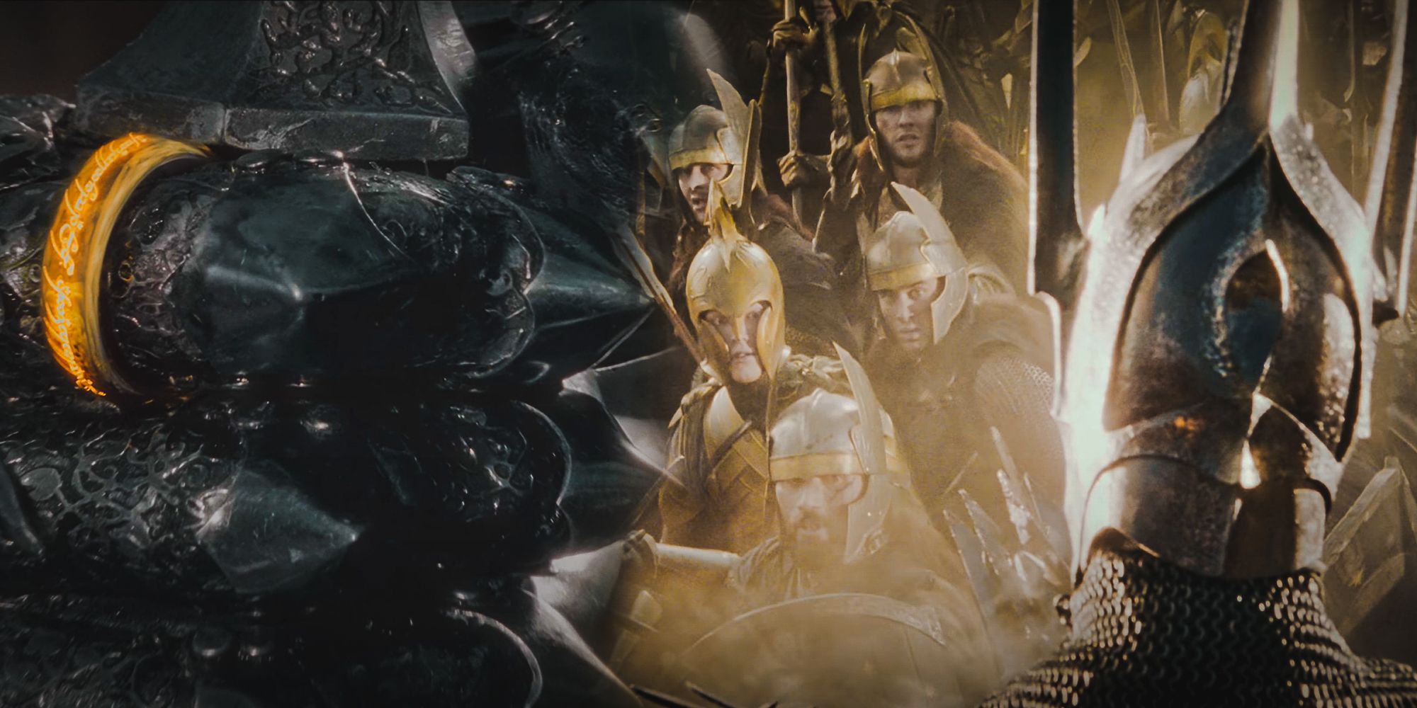 Sauron se aproxima do exército de homens e elfos portando o Um Anel