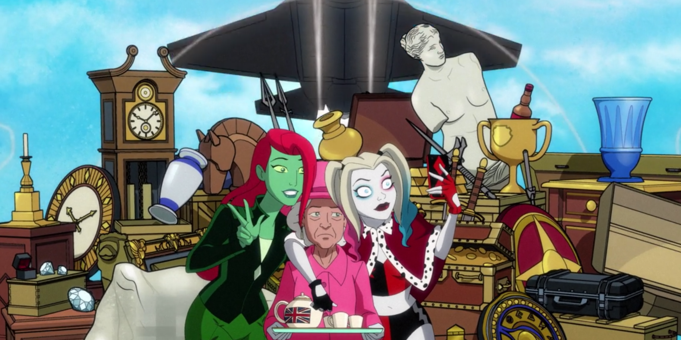 Harley and Ivy getting a selfie with Queen Elizabeth II in Harley Quinn